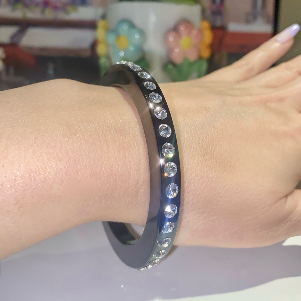 Chunky Black Acrylic Statement Bangle With Crystals, Women’s Bracelet Bangle